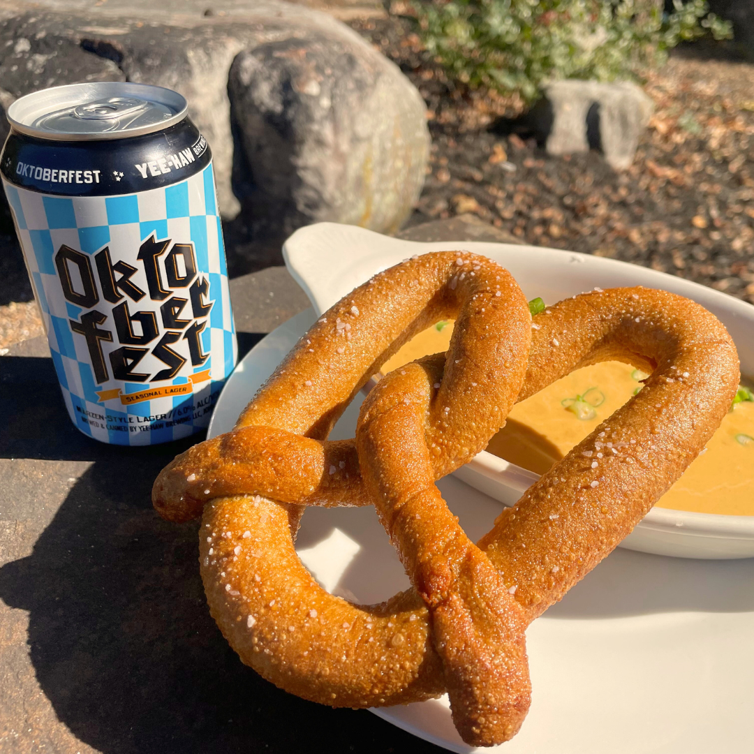 Yeehaw Brewing Beer Can of Oktoberfest Beer and Pretzel With Beer Cheese